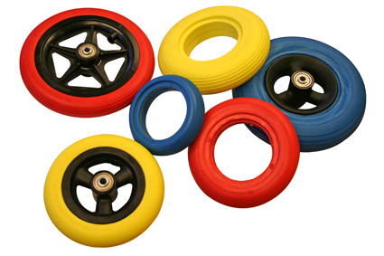 Coloured Wheelchair wheels, while supplies last