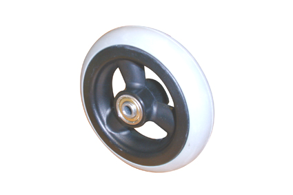 Wheel with rubber tyre grey, Ø150x30, slick profile, black plastic rim, 3 hollow spokes no brakes, hublength (Forkwidth) 45mm, ball bearing 2x Ø8mm,  not deeped