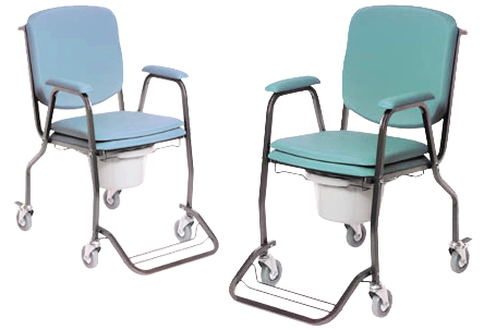 Potty chair, green, with wheels, with removable foor rests and high back rest, including toilet buck 