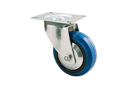 transport swivel castor, Ø80x35 mm, blue elast rubber tyre, black rim, roller bearing, galvanized fo BH 103 mm, plate 105x80 mm, distance between holes 72x52/80x60 mm, DrVm 100 kg, no brakes