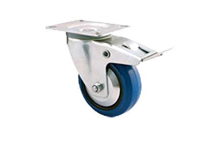 transport swivel castor, Ø80x35 mm, blue elast rubber tyre, black rim, roller bearing, galvanized fo BH 103 mm, plate 105x80 mm, distance between holes 72x52/80x60 mm, DrVm 100 kg, double brakes