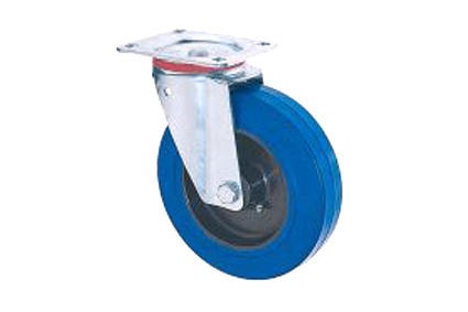 transport swivel castor, Ø160x50 mm, blue elast rubber tyre, black rim, roller bearing, galvanized f BH 195 mm, plate 135x110 mm, distance between holes 105x75/80 mm, DrVm 300 kg, no brakes