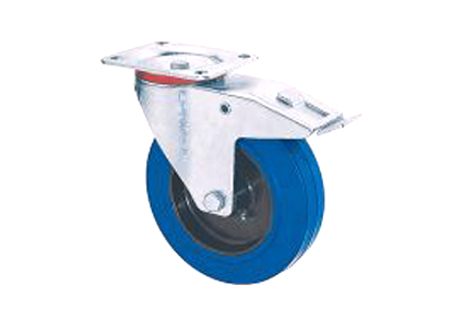 transport swivel castor, Ø160x50 mm, blue elast rubber tyre, black rim, roller bearing, galvanized f BH 195 mm, plate 135x110 mm, distance between holes 105x75/80 mm, DrVm 300 kg, double brakes