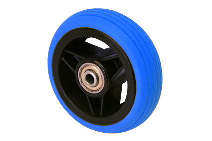 Wheel with PU tyre blue, 4 x 1 (Ø100x30), line profile, black plastic rim, 3 spokes, no brakes, hublength (Forkwidth) 36mm, ball bearing 2 x Ø8mm,  not deeped