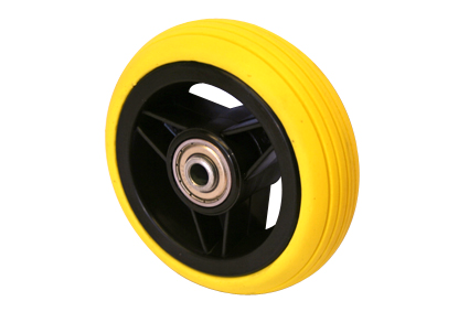 Wheel with PU tyre yellow, 4 x 1 (Ø100x30), line profile, black plastic rim, 3 spokes, no brakes, hublength (Forkwidth) 36mm, ball bearing 2 x Ø8mm,  not deeped