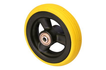 Wheel with PU tyre yellow, 5 x 1 (Ø125x30), line profile, black plastic rim, 3 hollow spokes, no brakes, hublength (Forkwidth) 36mm, ball bearing 2x Ø8mm, not deeped