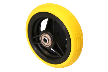 Wheel with PU tyre yellow, 5 x 1 (Ø125x30), line profile, black plastic rim, 3 spokes, no brakes, hublength (Forkwidth) 36mm, ball bearing 2x Ø8mm, not deeped