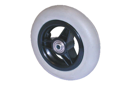 Wheel with PU tyre grey, 6 x 1 1/4 (Ø150x30), slick profile, black plastic rim, 3 spokes no brakes, hublength (Forkwidth) 36mm, ball bearing 2x Ø8mm,  not deeped