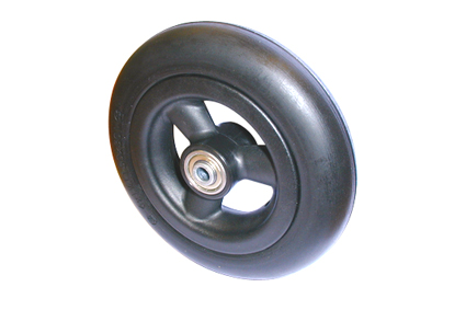 Wheel with PU tyre  black, 6 x 1¼  (Ø150x30), slick  profile, black plastic rim, 3 holle spokes no brakes, hublength (Forkwidth) 36 mm, ball bearing 2x Ø8mm, not deeped