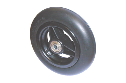 Wheel with PU tyre  black, 6 x 1¼ (Ø150x30), slick  profile, black plastic rim, 3 spokes no brakes, hublength (Forkwidth) 36mm, ball bearing 2x Ø8mm,  not deeped