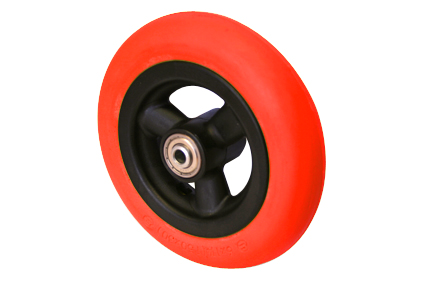 Wheel with PU tyre red, Softroller 6 x 1¼ (Ø150x30), slick profile, black plastic rim, 3 hollow spokes, no brakes, hublength (Forkwidth) 36mm, ball bearing 2 x Ø8mm, not deeped