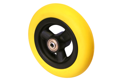 Wheel with PU tyre yellow, Softroller 6 x 1¼ (Ø150x30), slick profile, black plastic rim, 3 hollow spokes, no brakes, hublength (Forkwidth) 36mm, ball bearing 2 x Ø8mm, not deeped