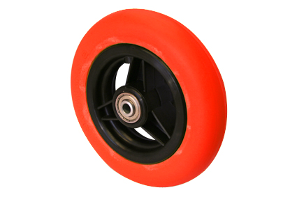 Wheel with PU tyre red, Softroller 6 x 1¼ (Ø150x30), slick profile, black plastic rim, 3 spokes, no brakes, hublength (Forkwidth) 36mm, ball bearing 2x Ø8mm,  not deeped