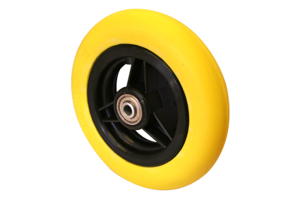 Wheel with PU tyre yellow, Softroller 6 x 1¼ (Ø150x30), slick profile, black plastic rim, 3 spokes, no brakes, hublength (Forkwidth) 36mm, ball bearing 2x Ø8mm,  not deeped