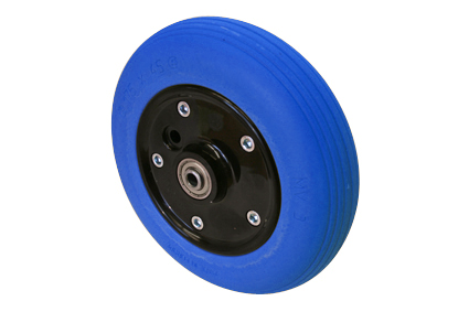 Wheel with PU tyre blue, 7 x 1 3/4 (Ø175x45), line profile, black plastic 2-part rim, no brakes, hublength (Forkwidth) 60mm, ball bearing 2x Ø8mm, not deeped