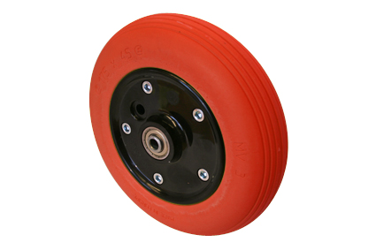 Wheel with PU tyre red, 7 x 1 3/4 (Ø175x45), line profile, black plastic 2-part rim, no brakes, hublength (Forkwidth) 60mm, ball bearing 2x Ø8mm, not deeped
