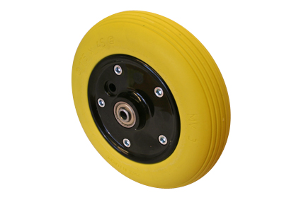 Wheel with PU tyre yellow, 7 x 1 3/4 (Ø175x45), line profile, black plastic 2-part rim, no brakes, hublength (Forkwidth) 60mm, ball bearing 2x Ø8mm, not deeped