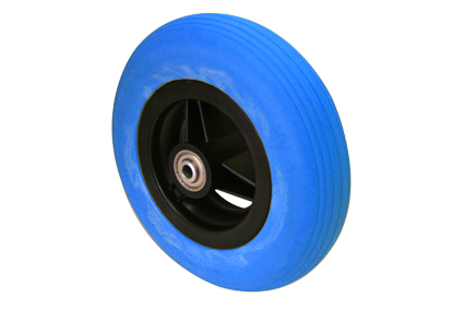 Wheel with PU tyre blue, 7 x 1 3/4 (Ø175x45), line profile, black plastic rim, 3 spokes no brakes, hublength (Forkwidth) 60mm, ball bearing 2x Ø8mm, not deeped