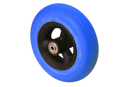 Wheel with PU tyre blue, 7 x 1 3/4 (Ø175x45), line profile, black plastic rim, 3 hollow spokes no brakes, hublength (Forkwidth) 60mm, ball bearing 2x Ø8mm, not deeped