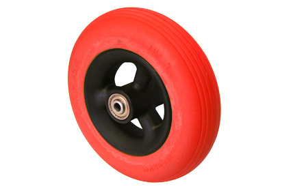 Wheel with PU tyre red, 7 x 1 3/4 (Ø175x45), line profile, black plastic rim, 3 hollow spokes no brakes, hublength (Forkwidth) 60mm, ball bearing 2x Ø8mm, not deeped