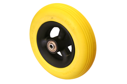 Wheel with PU tyre yellow, 7 x 1 3/4 (Ø175x45), line profile, black plastic rim, 3 hollow spokes no brakes, hublength (Forkwidth) 60mm, ball bearing 2x Ø8mm, not deeped