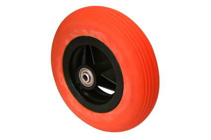 Wheel with PU tyre red, 7 x 1 3/4 (Ø175x45), line profile, black plastic rim, 3 spokes no brakes, hublength (Forkwidth) 60mm, ball bearing 2x Ø8mm, not deeped