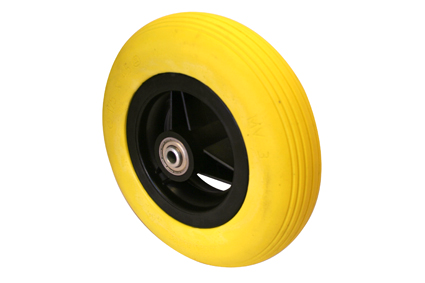 Wheel with PU tyre yellow, 7 x 1 3/4 (Ø175x45), line profile, black plastic rim, 3 spokes no brakes, hublength (Forkwidth) 60mm, ball bearing 2x Ø8mm, not deeped