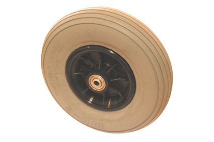 Wheel with PU tyre grey, 7 x 1 3/4 (Ø175x45), line profile, plastic rim black, 1-part, ribbed no brakes, hublength (Forkwidth) 60mm, ball bearing 2x Ø8mm, not deeped