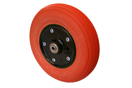 Wheel with PU tyre red, 8 x 2 (Ø200x50), line profile, black plastic 2-part rim, no brakes, hublength (Forkwidth) 60mm, ball bearing 2x Ø8mm, not deeped