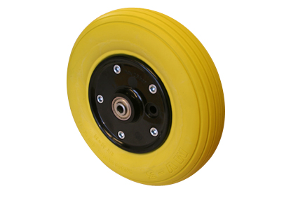 Wheel with PU tyre yellow, 8 x 2 (Ø200x50), line profile, black plastic 2-part rim, no brakes, hublength (Forkwidth) 60mm, ball bearing 2x Ø8mm, not deeped