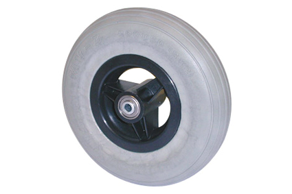 Wheel with PU tyre  grey, 7 x 1 3/4 (Ø175x45), line profile, black plastic rim, 3 spokes no brakes, hublength (Forkwidth) 45mm, ball bearing 2xØ8mm, not deeped