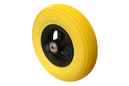 Wheel with PU tyre yellow, 8 x 2 (Ø200x50), line profile, black plastic rim, 3 hollow spokes no brakes, hublength (Forkwidth) 60mm, ball bearing 2x Ø8mm, not deeped