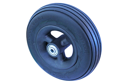 Wheel with PU tyre black, 8 x 2 (Ø200x50), line profile, plastic rim black, 3 hollow spokes no brakes, hublength (Forkwidth) 60mm, ball bearing 2x Ø8mm, not deeped