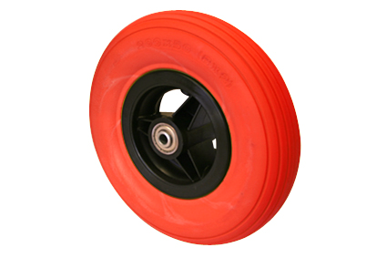 Wheel with PU tyre red, 8 x 2 (Ø200x50)), line profile, black plastic rim, 3 spokes no brakes, hublength (Forkwidth) 60mm, ball bearing 2x Ø8mm, not deeped