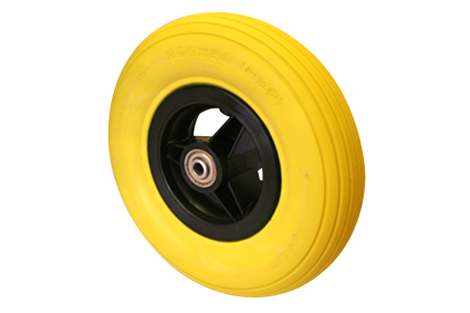 Wheel with PU tyre yellow, 8 x 2 (Ø200x50), line profile, black plastic rim, 3 spokes no brakes, hublength (Forkwidth) 60mm, ball bearing 2x Ø8mm, not deeped