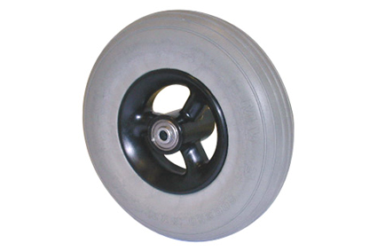 Wheel with PU tyre  grey, 7 x 1 3/4 (Ø175x45), line profile, black plastic rim, 3 hollow spokes no brakes, hublength (Forkwidth) 45mm, ball bearing 2xØ8mm, not deeped