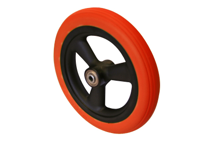 Wheel with PU tyre red, 8 x 1¼ (Ø200x30), line profile, black plastic rim, 5 hollow spokes no brakes, hublength (Forkwidth) 45mm, ball bearing 2x Ø8mm,  not deeped