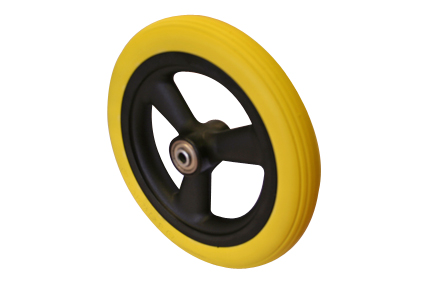Wheel with PU tyre yellow, 8 x 1¼ (Ø200x30), line profile, black plastic rim, 5 hollow spokes no brakes, hublength (Forkwidth) 45mm, ball bearing 2x Ø8mm,  not deeped