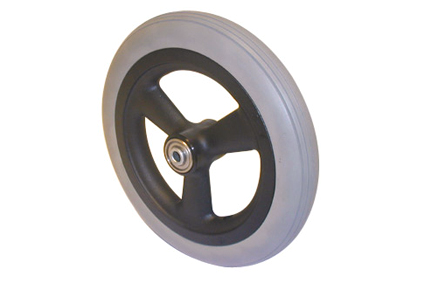 Wheel with PU tyre grey, 8 x 1¼ (Ø200x30), line profile, black plastic rim, 5 hollow spokes no brakes, hublength (Forkwidth) 45mm, ball bearing 2x Ø8mm,  not deeped