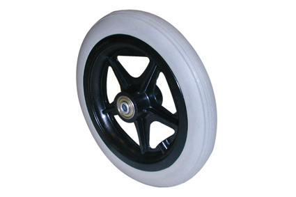 Wheel with PU tyre  grey, 8 x 1¼ (Ø200x30), line profile, black plastic rim, 5 spokes no brakes, hublength (Forkwidth) 38 mm, ball bearing 2x Ø8mm not deeped