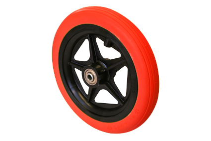 Wheel with PU tyre red, 8 x 1¼ (Ø200x30), line profile, black plastic rim, 5 spokes no brakes, hublength (Forkwidth) 38 mm, ball bearing 2x Ø8mm not deeped