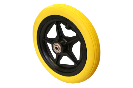 Wheel with PU tyre yellow, 8 x 1¼ (Ø200x30), line profile, black plastic rim, 5 spokes no brakes, hublength (Forkwidth) 38 mm, ball bearing 2x Ø8mm not deeped