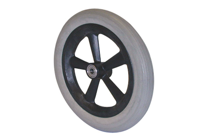 Wheel with PU tyre grey, 12 ½ x 2¼ (Ø310x45), line profile, plastic rim black, 5 hollow spokes no brakes, hublength (Forkwidth) 54/47 mm, ball bearing 2x Ø12 mm, deeped