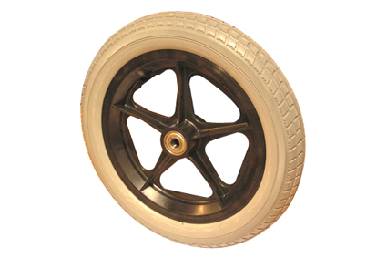 Wheel with PU tyre grey, 12 ½ x 2¼ (Ø315x50), block profile, plastic rim black, 5 spokes no brakes, hublength (Forkwidth) 54/47 mm, ball bearing 2x Ø12 mm, deeped