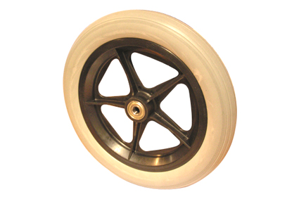 Wheel with PU tyre grey, 12 ½ x 2¼ (Ø310x45), line profile, plastic rim black, 5 spokes no brakes, hublength (Forkwidth) 54/47 mm, ball bearing 2x Ø12 mm, deeped