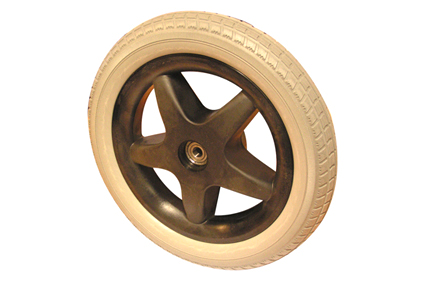 Wheel with PU tyre grey, 12 ½ x 2¼ (Ø315x50), block profile, plastic rim black, 5 spokes design drum brake 70mm without brake unit, ball bearings 2x Ø12mm