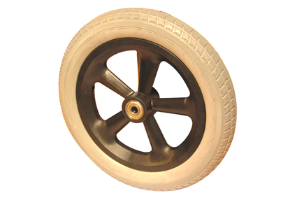 Wheel with PU tyre grey, 12¢ x 2+ (Ø315x50), block profile, black plastic rim, 5 hollow spokes no brakes, hublength (Forkwidth) 54/47 mm, ball bearing 2x Ø12 mm, deeped