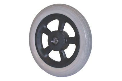 Wheel with PU tyre grey,12 ½ x 2¼ (Ø315x50), blockprofil, plastic centre, glasfiber re-enforced, black with 5 hollow ellips spokes, with drum brake hub Ø70mm, ball bearing (2x), axle Ø