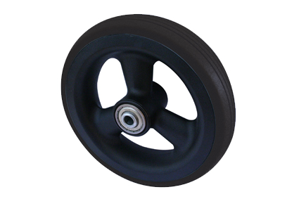 Wheel with PU tyre black, Softroller Ø150x32, line-groove profile, black plastic rim, 3 spokes, no break, hublength (Forkwidth) 45mm, ballbearing 2 x Ø8mm