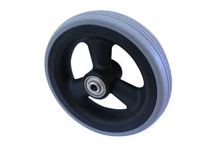 Wheel with PU tyre grey, Softroller Ø150x32, line-groove profile, black plastic rim, 3 spokes, no break, hublength (Forkwidth) 45mm, ballbearing 2 x Ø8mm